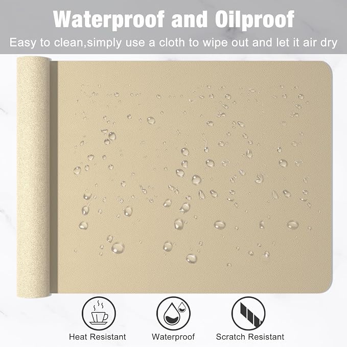 Hsurbtra Desk Pad, 35.5" x 17" PU Leather Desk Mat, XXL Extended Mouse Pad, Waterproof Desktop Blotter Protector, Non-Slip Ultra Thin Large Laptop Keyboard Writing Mat for Office Home, Beige
