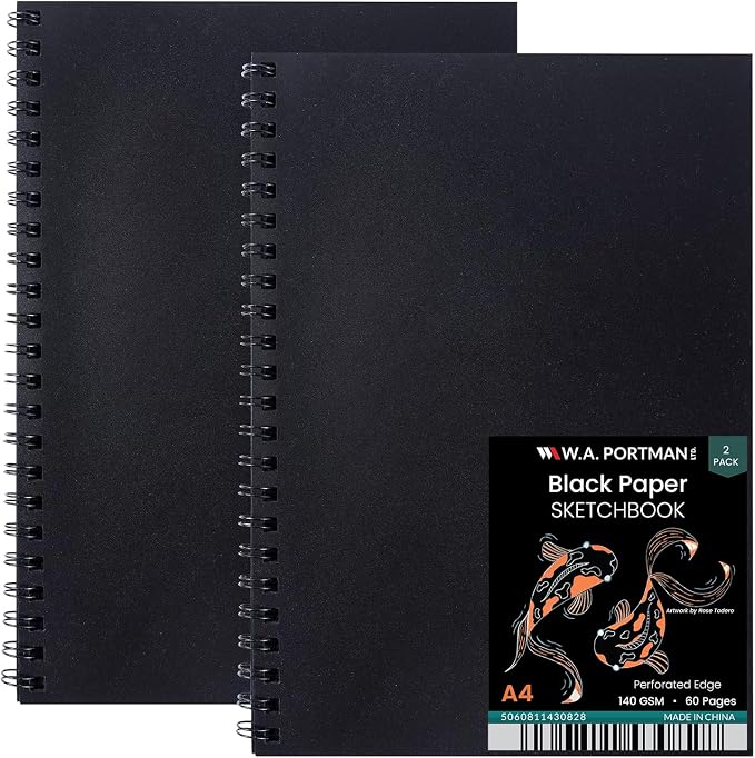 WA Portman Black Paper Sketchbook 2-Pack A4 (8.3" x 11.7") – 140 GSM Acid-Free Black Book Marker Paper, 60 Pages (30 Sheets) Spiral Scrapbook Journal, Mixed Media Sketch Pad for Kids & Adults