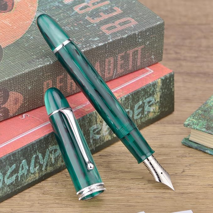 Asvine V800 Fountain Pen – Vacuum Filling System with Large Ink Capacity – Smooth Number 8 Fine Nib with Gift Case and Wrench- Green Acrylic