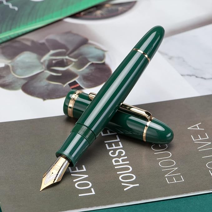 Jinhao X159 Dark Green Acrylic Fountain Pen, Size 8 Fine Nib Gold Trim Classic Design Smooth Writing Pen with Converter