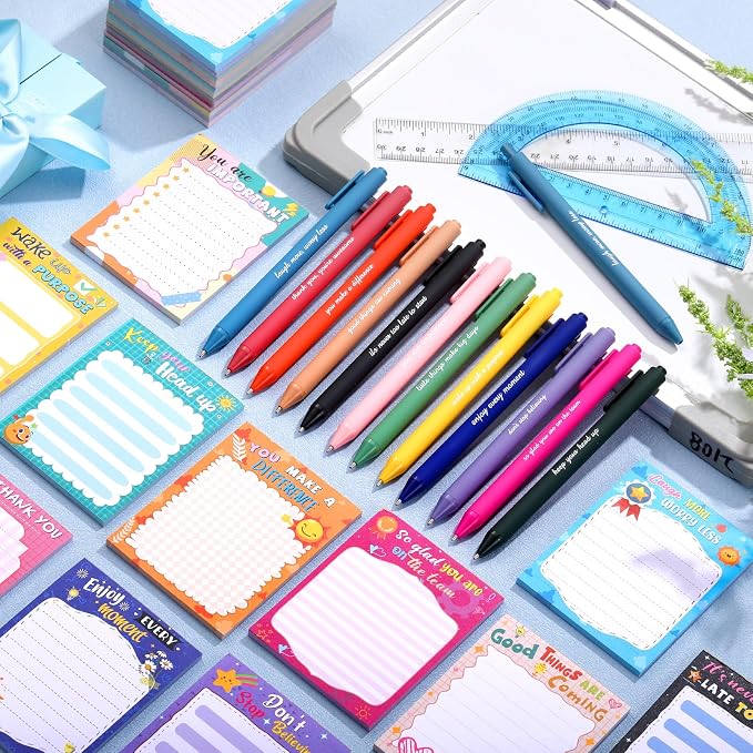 Eaasty 48 Pcs Cute Inspirational Notepads and Pens with Ribbon Bulk, Positive Affirmation Stationery Back to School Gifts for Students, Teachers, Classroom Rewards, Office Appreciation, Party Favors