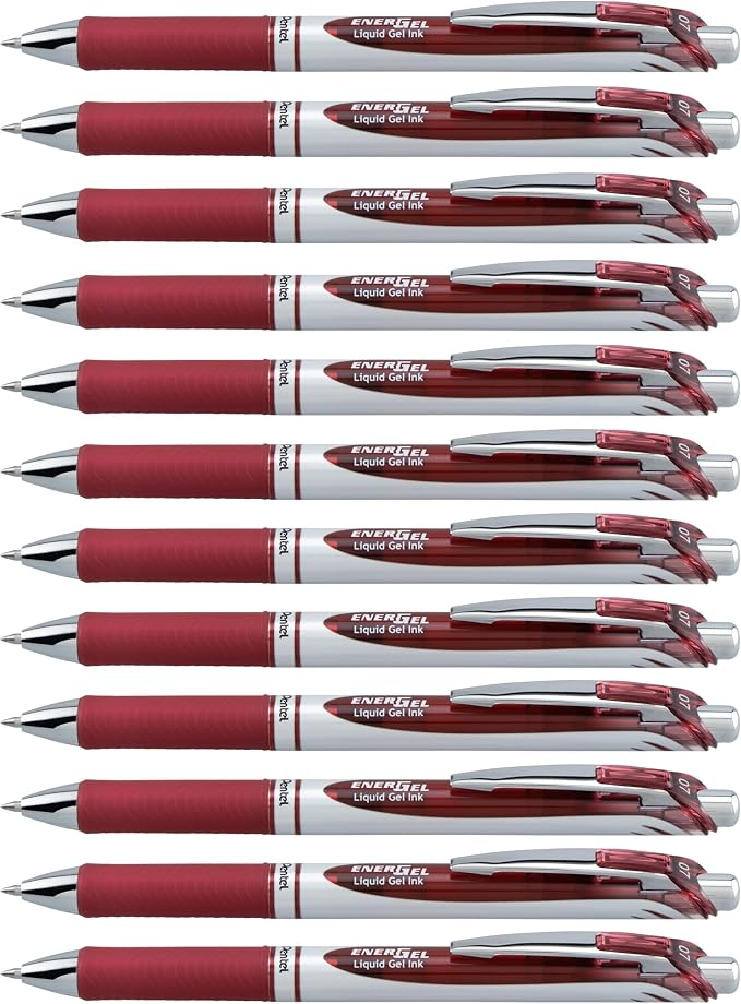 Pentel EnerGel RTX Retractable Liquid Gel Ink Pen, (0.7mm) Medium line, Burgundy Ink, Box of 12 Pens (BL77-BG)