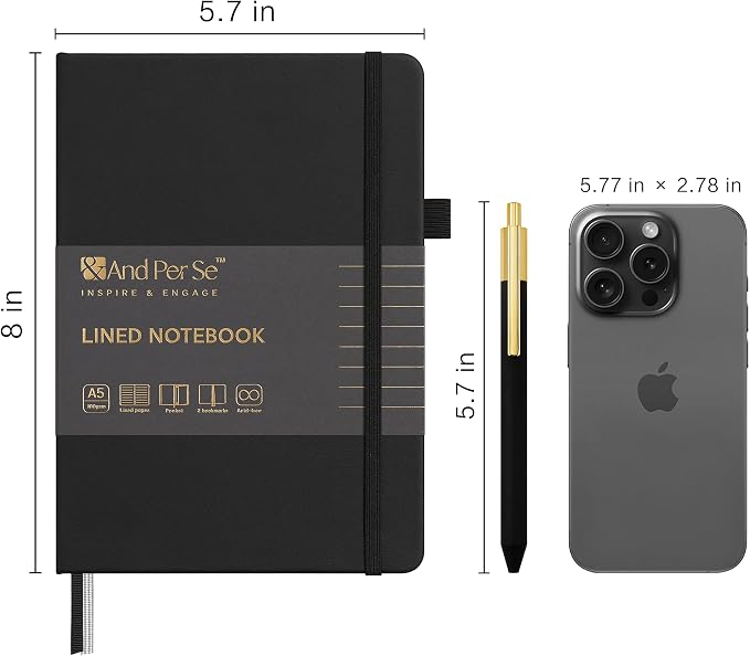 &And Per Se Lined Journal and Pen Set (3 Packs), A5 Leather Hardcover Notebook with Pen & Stationary Set, 160 Pages 100GSM Thick Ruled Paper Journal for Business Work Writing (Black)