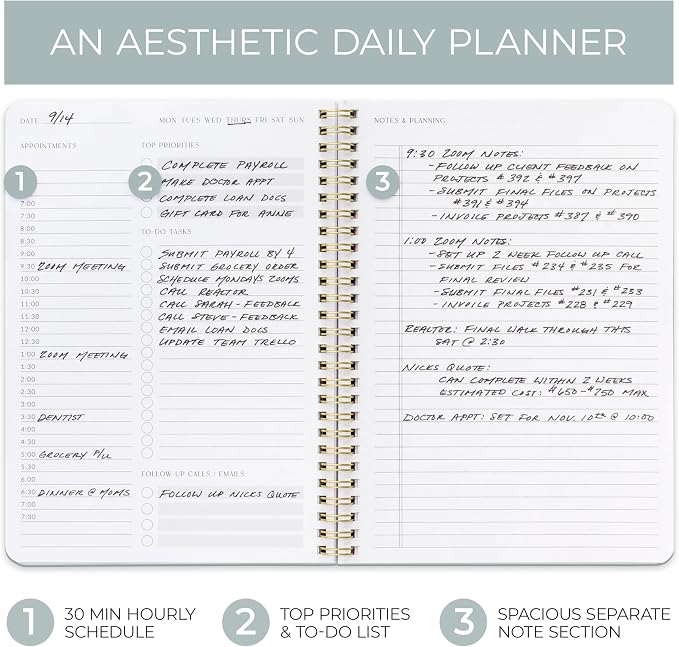 Beautiful Daily Planner And Notebook With Hourly Schedule - Aesthetic Spiral To do List Notepad to Easily Organize Your Tasks And Appointments - Stylish Book And School Or Office Supplies For Women