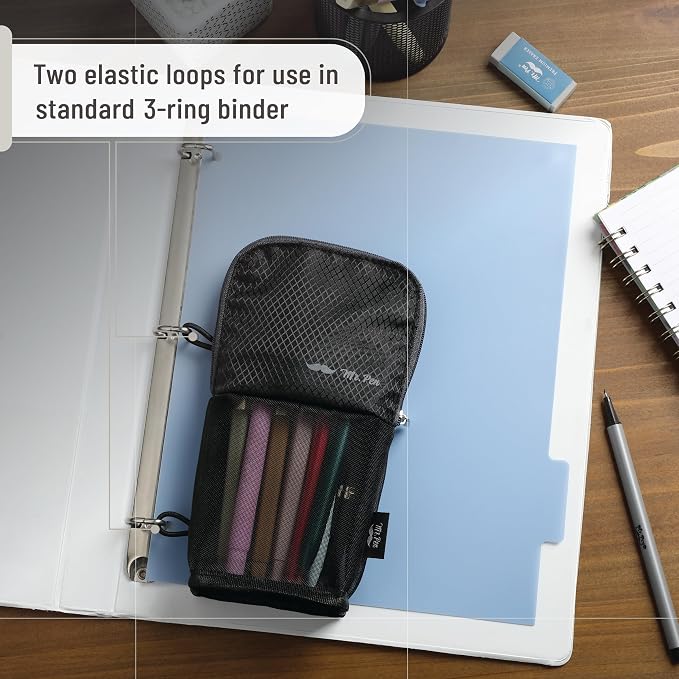 Mr. Pen- Standing Pencil Case Pouch, Sit & Lay Mesh-View Design | Black with Gray Zipper, Interior Pocket & 2 Elastic Binder Loops, Cute Pencil Case for Girls and Boys