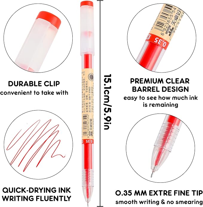 Japanese Style Red Gel Ink Pens, 0.35mm Extra Fine Point, No Smudge Quick Drying, Japanese Ink Pen for Journal Planners, Thin Notebook Paper, Office School Supplies, 12 Pack, Writing Drawing