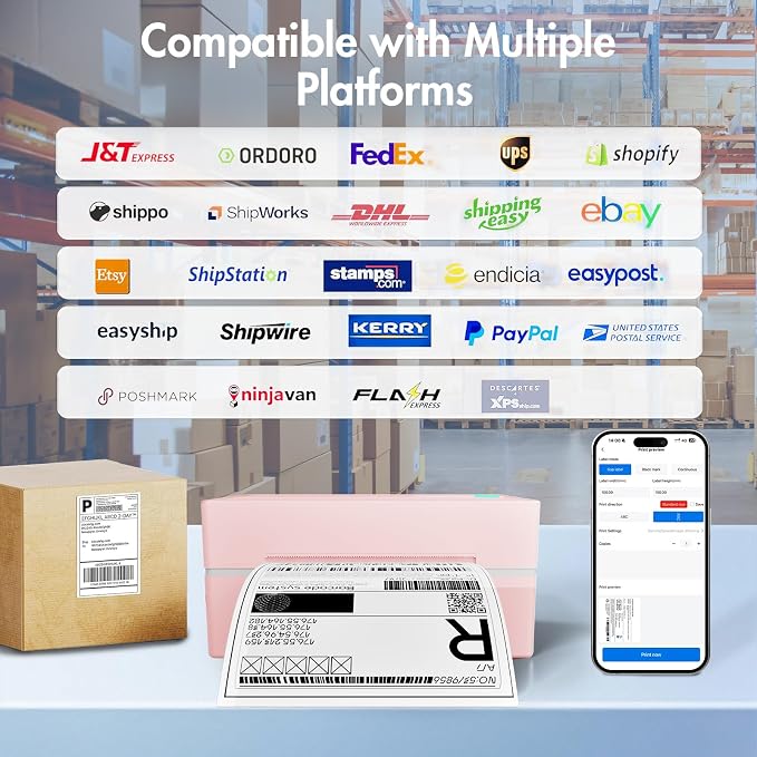 Thermal Shipping Label Printer 4x6 Bluetooth Label Maker for Small Business | Wireless Mailing Shipping Printer for USPS UPS Amazon Shopify Etsy - Compatible with iPhone Android Windows & Mac (Pink)