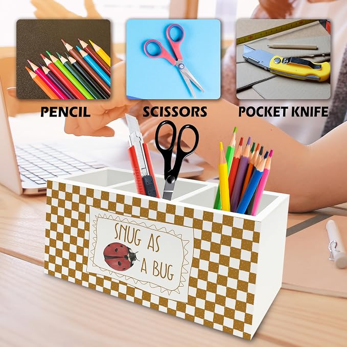 Ladybug Decor Pen Pencil Holder Organizer for Desk, Snug as a Bug Insect Orange Checkered Wooden Box Signs Decorations for Kids Boys Girls Room Bedroom Classroom Desk Tabletop, Ladybug Gifts