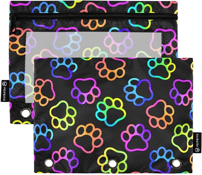 Paw Pencil Pouches for 3 Ring Binder 2 Pack | Binder Pencil Case With Zipper Reinforced GrommetsPencil Bags for Office Organizers