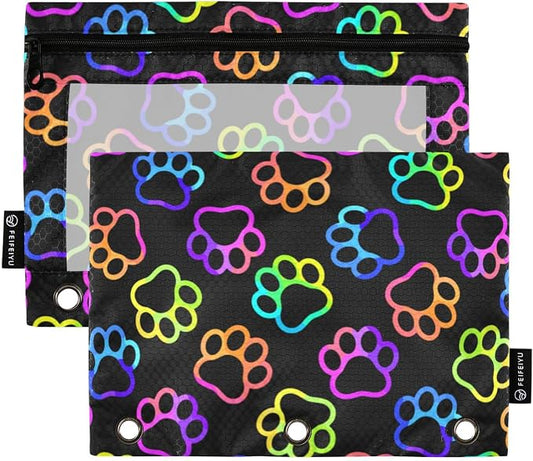 Paw Pencil Pouches for 3 Ring Binder 2 Pack | Binder Pencil Case With Zipper Reinforced GrommetsPencil Bags for Office Organizers