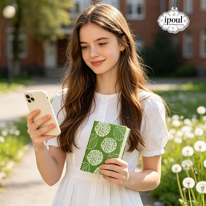 Embroidered Mini Notebook for Girl, Small Fabric Hardcover Journal, A6, 264 Pages, 4x6 Lined Notebook & unlined Sketchbook, Cute Diary, Pocket Notepad Kids Journal, Green Leaf.