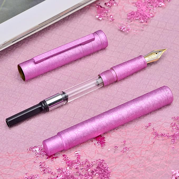 Hongdian 1851 Forest Fountain Pen Pink Ice Flowers, Bent Nib Classic Design with Converter and Metal Pen Case