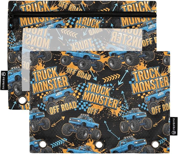 Emelivor Truck Cool Black Pencil Pouch for 3 Ring Binder 2 Pack Large Capacity Pencil Pouches with Zipper Clear Binder Pencil Case Bag for Office College Daily Supplies