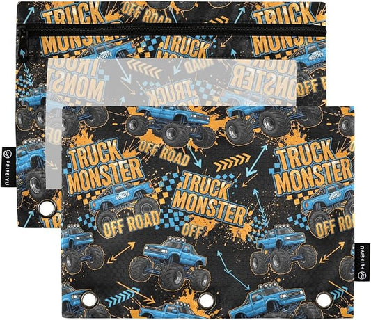 Emelivor Truck Cool Black Pencil Pouch for 3 Ring Binder 2 Pack Large Capacity Pencil Pouches with Zipper Clear Binder Pencil Case Bag for Office College Daily Supplies