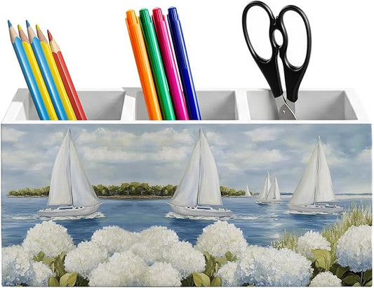 White Hydrangea Coastal Beach Pen Holder for Home Office Desk, Beach House Decor, Nautical Sailboat Hydrangea Flower Wooden Box Sign Pencil Holder for Desk Shelf Organizer