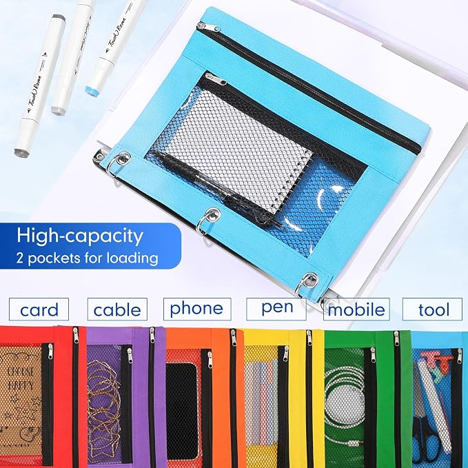 Leelosp 48 Pack Pencil Pouch for 3 Ring Binder Mesh Zipper Pencil Case Bags Binder Pouches Bulk for School Writing Utensils Storage Supplies (Multi-color)