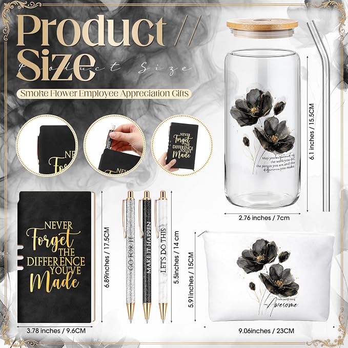 Funnymoom 6 Pcs Appreciation Gifts Set for Women Back to School Teacher Gifts Employee Thank You Gift with 17 oz Glass Tumbler Journal Pens and Pouch for Coworkers Educators,Floral,Black