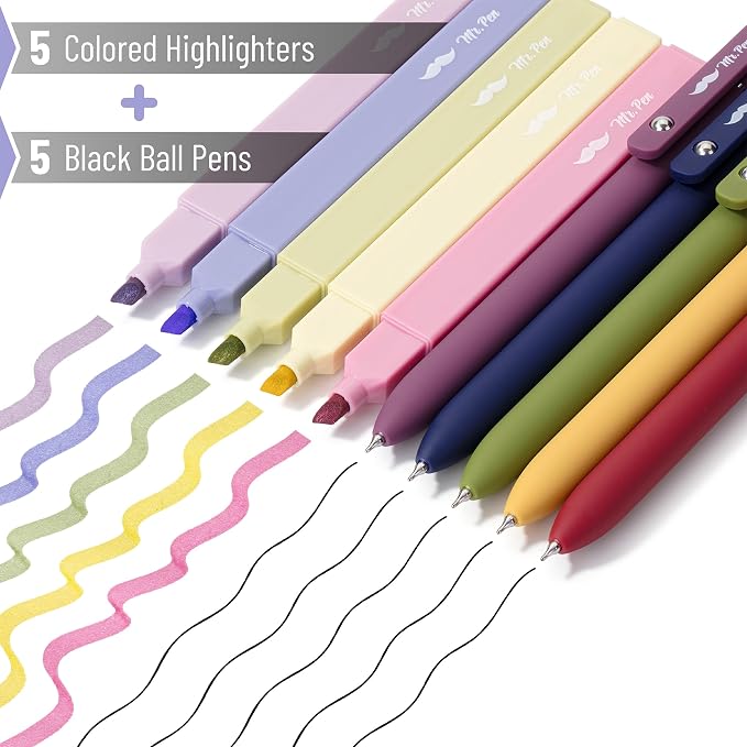 Mr. Pen- Aesthetic Highlighters and Gel Pens, 10 Pack | Vintage Colors Bible Highlighters No Bleed, Black Ink Gel Pens, Fast Dry and No Smear for Bible Journaling, Planner