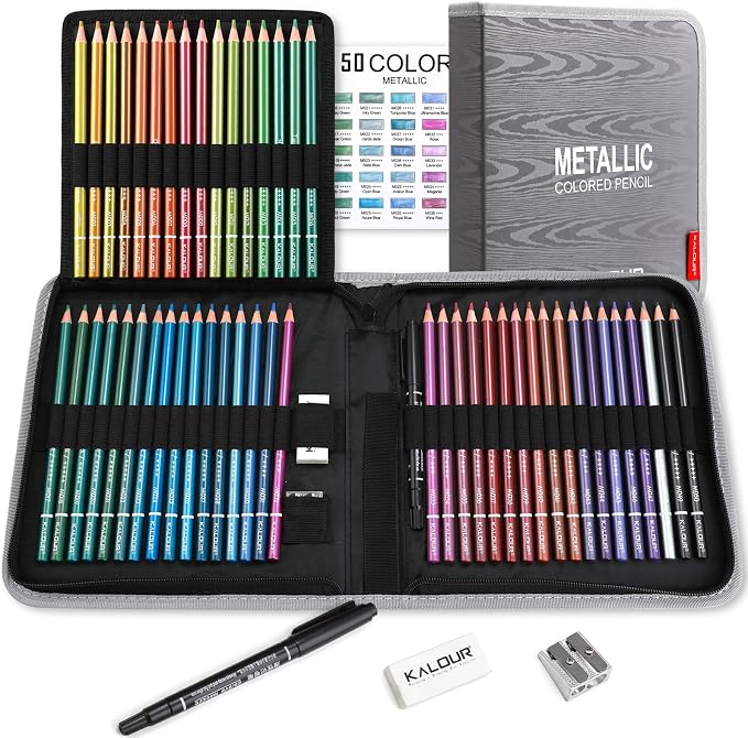 KALOUR PDAS 55 Piece Metallic Colored Pencils for Adults, Premium Artist Colored Pencils, Soft Core Coloring Pencils for Adult Coloring Books, Metallic Pencils Set for Drawing, Sketching, Blending