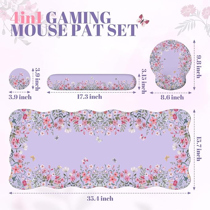 iCasso Desk Mat Set,Large Mouse Pad with Wrist Rest,Ergonomic Keyboard Wrist Support for Women,Girly Floral Computer Mat with Scalloped Edges,Non-Slip Desk Pad Home Office Gaming (Purple)