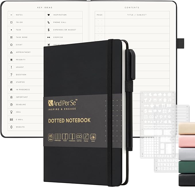 &And Per Se Dotted Notebook, A5 Hardcover with Journal Dotted Pages, Journal Stencils & Pen, 176 Numbered Pages for Beginners Women Men (Black)