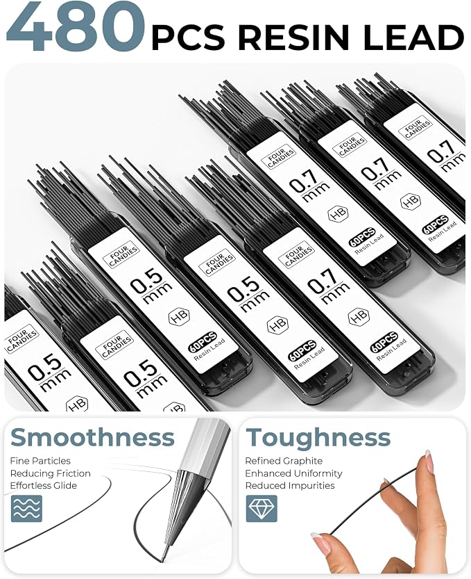 8PCS Metal Mechanical Pencil Set, 0.5mm & 0.7mm, Pack with Storage Case | 480 Leads, 3 Erasers+9 Refills, for School Writing, Sketching, Art Drawing & Professional Drafting