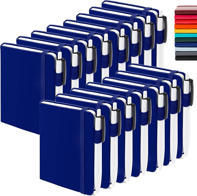 feela 15 Pack Pocket Small Notebooks Bulk, Mini Cute Notepads Hardcover College Ruled Lined Journals with Pen Holder for School Business Memos, with 15 Black Pens, 3.5”x 5.5”, A6, Navy