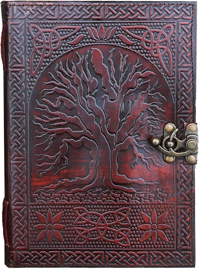 A5 Leather Journal with clasp Tree of life emboss Writing Pad Blank Notebook Handmade Notepad For Men & Women Unlined Paper Best Present Sketchbook Travel Diary To Write Book Of Shadows Refillable