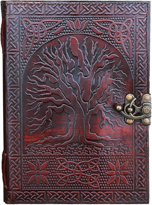 A5 Leather Journal with clasp Tree of life emboss Writing Pad Blank Notebook Handmade Notepad For Men & Women Unlined Paper Best Present Sketchbook Travel Diary To Write Book Of Shadows Refillable