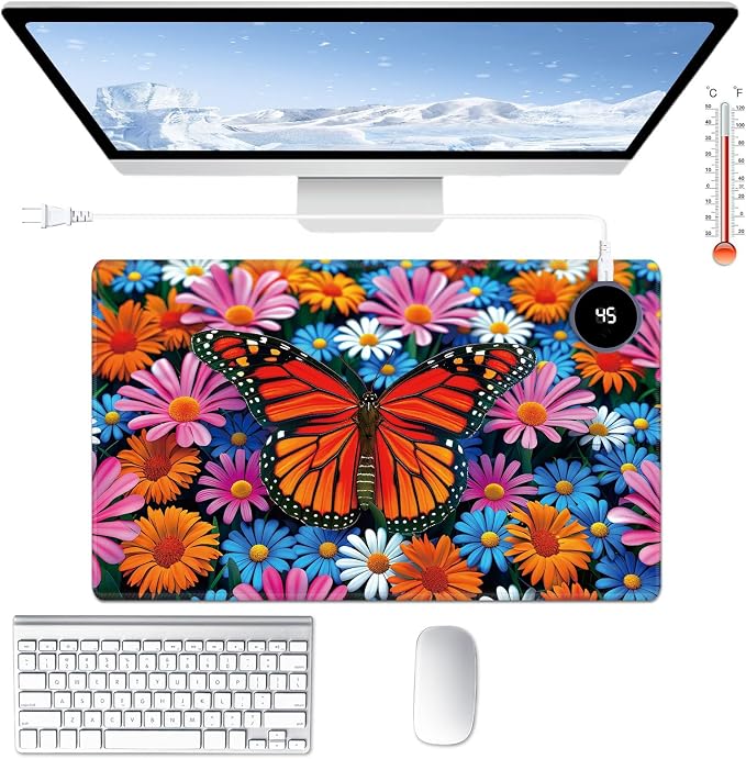Heated Desk Pad Large Mouse Pad 23.6 x 14.1 inch with 3 Levels Heating & Auto Shut-Off Warm Mouse pad PU Leather Computer Mousepad for Home Office Work - Colorful Flowers and Butterflies