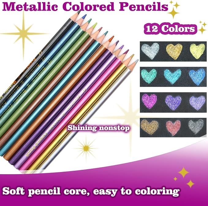 12 Metallic Colored Pencils, Soft Core with Vibrant Glitter Color Pencil for Adults Artists Beginners Drawing Coloring Sketching, Pre-sharpened