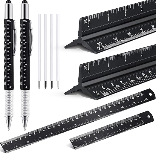 Weewooday 10 Pieces 12 Inch Architectural Scale Ruler Aluminum Triangular Engineering Ruler Scale with 6 in 1 Multitool Pen Ballpoint Pen for Architects, Draftsman, and Engineers
