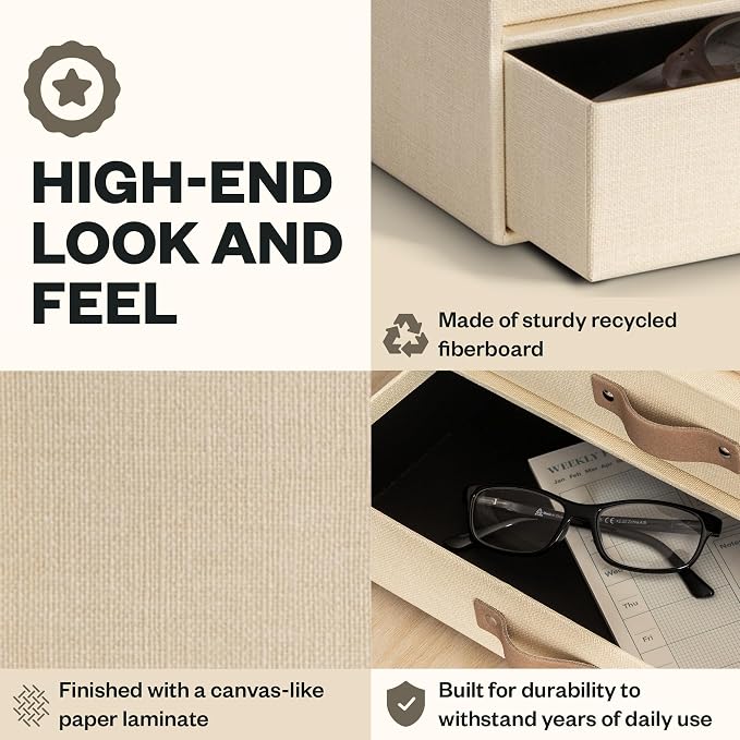 Bigso Birger 2 Drawers - Desktop Drawers for A4 and Letter Size Papers and Documents - Tabletop Drawers with Leather Handles - 13.1 in x 10 in x 5.7 in - Cream