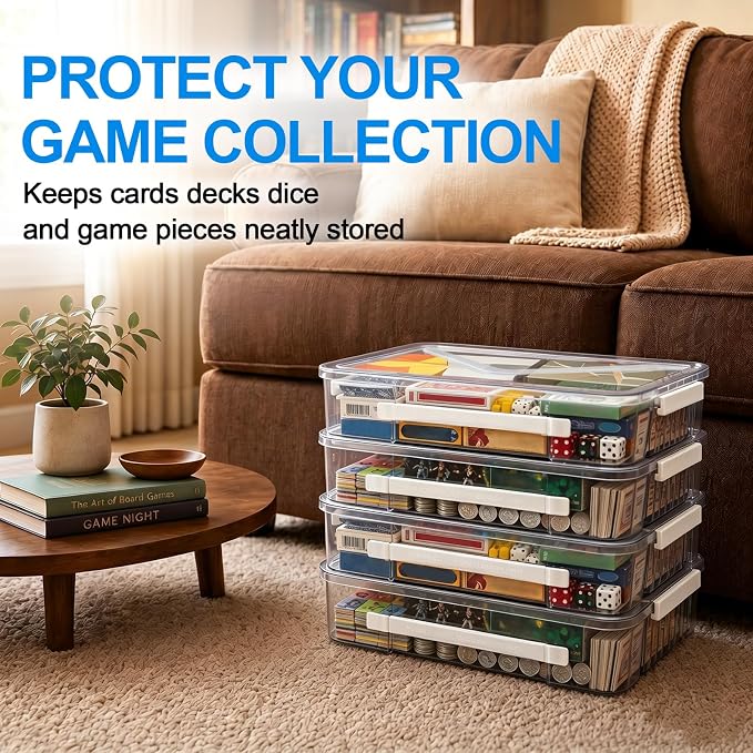 2 Pack Board Game Storage Box,Clear Stackable Craft Organizer | Clear PET with lid & side latches,Fits Letter & A4 papers,Flat cases for art,sewing supplies and documents organization