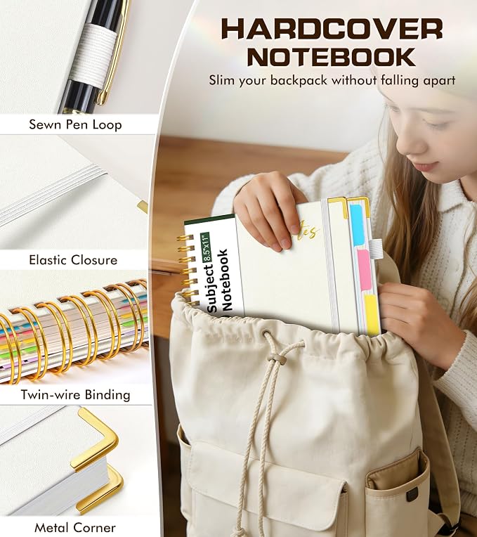 Hardcover Spiral Notebook Journal 8.5" x 11" Leather 5 Subject Notebook with Removable Dividers Tabs, 300 Pages Organizer Notebooks for Work School, College Ruled, Large Lined Journal for Women,White