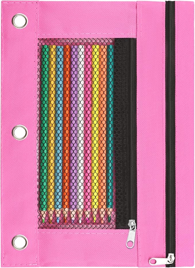 Pencil Pouch for 3 Ring Binder, Pencil Case with Zipper, 600D Fabric Pencil Pouch Bag Holder Accessories, Clear Window Pencil Case Aesthetic Back to School Organizer Pockets for Boy Girl (Pink)