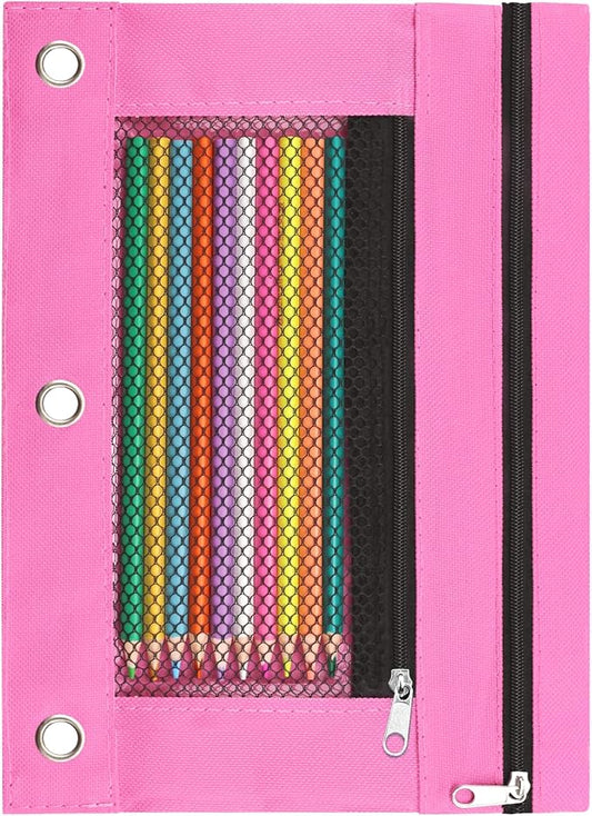 Pencil Pouch for 3 Ring Binder, Pencil Case with Zipper, 600D Fabric Pencil Pouch Bag Holder Accessories, Clear Window Pencil Case Aesthetic Back to School Organizer Pockets for Boy Girl (Pink)