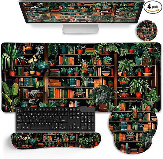LIMKRIAN Bookshelf Mouse Pad with Wrist Rest, Plant Desk Mat Set Decor | Ergonomic Wrist Rest, Desk Pad, Gaming Computer Mat Keyboard Wrist Support, Coaster, Home Office Desk Accessories for Women