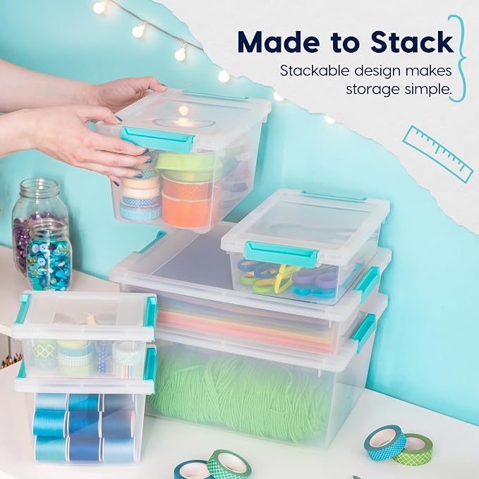 IRIS USA 2 Qt. Craft Storage Bins with Lids, 6-Pack, |Made in USA|, Clip Box, Small Plastic Sensory Bin Tote Organizer Containers for Art Supplies, Paper, & Office, Stackable - Clear/Seafoam Blue