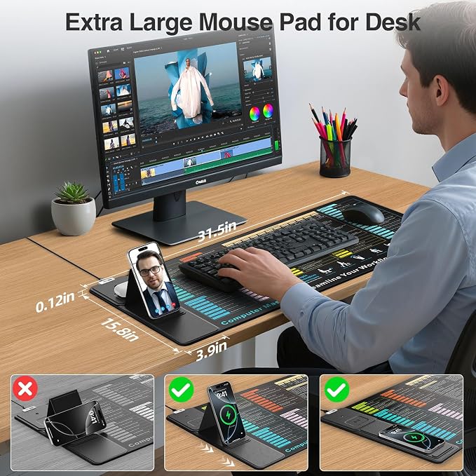 Wireless Charging Mouse Pad with Foldable Phone Holder | 31.5"x15.8" XXL Excel Cheat Sheet Desk Mat for Laptop/Keyboard, Waterproof Ultra-Smooth Surface, Non-Slip Base