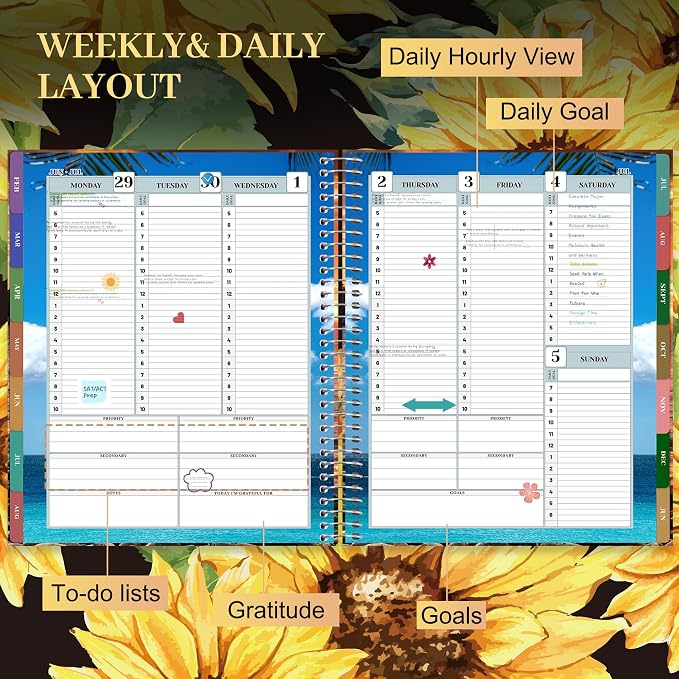 CAGIE Planner 2026-2027 18 Month July 2026-Dec 2027 Hourly Daily Calendar Weekly Monthly Planners Hardcover Large Yearly Agenda with Stickers Tabs for Women Work Mom, 8.5 x 11, Sunflower