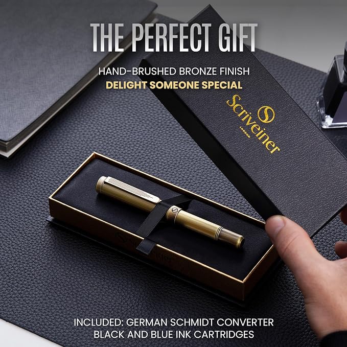 Scriveiner Luxury EDC Fountain Pen (Fine), Bronze Pocket EDC with Hand Brushed Finish, Schmidt German Nib Converter, Best Writing Gift Set for Men & Women, Fancy Pen for the Office & Journaling