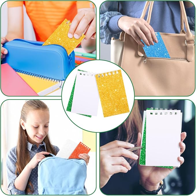 24 Pack Mini Notebooks Party Favor Small Spiral Journal Notepads for Kids | Glitter Cover Pocket Writing Memo Note Pads with Lined Pages for Schools Classroom Home Work Office Supplies, 2.3x2.3 Inches