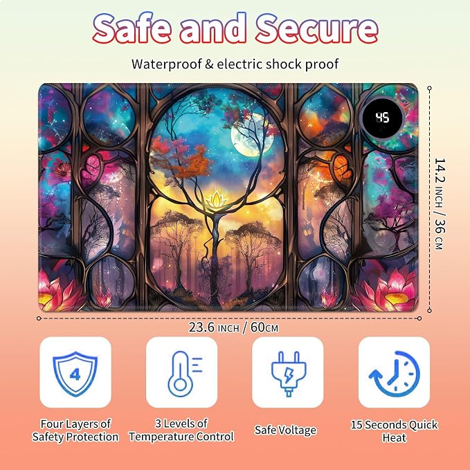 Heated Desk Pad Large Mouse Pad 23.6 x 14.1 inch with 3 Levels Heating & Auto Shut-Off Warm Mouse pad PU Leather Computer Mousepad for Home Office Work - Galaxy Tree Moon