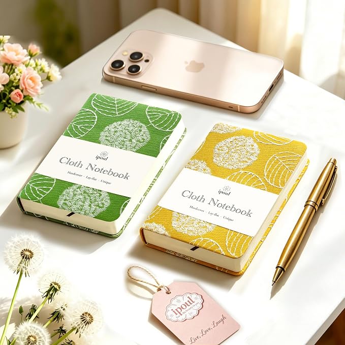 A6 Notebook, Pocket Journal, Embroidered Journal for Girl, Small Fabric Notebook, Lay Flat Hardcover Journal, 4x6 Lined Notebook & Sketchbook, Cute Diary, Writing Journal for Women, Yellow