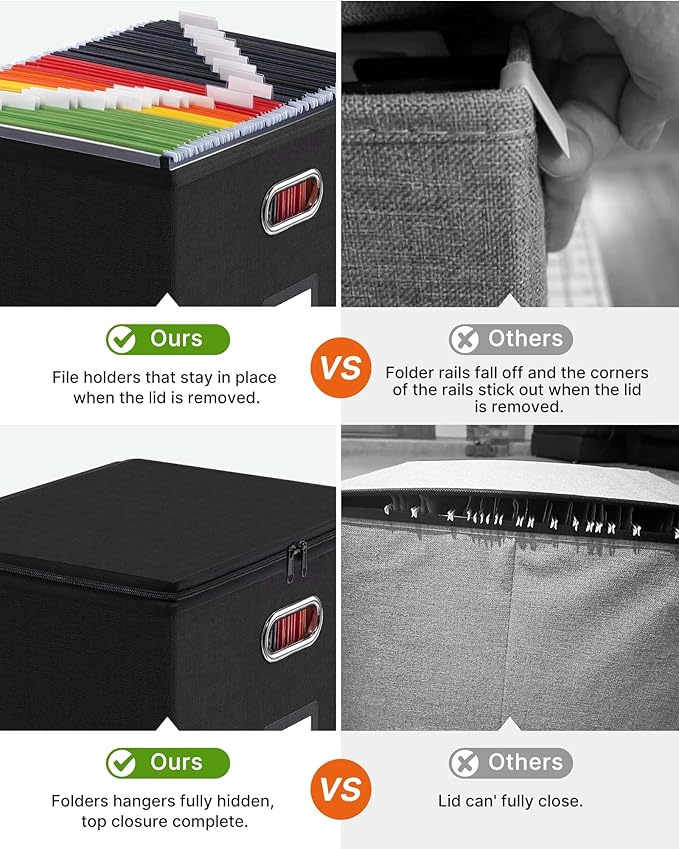 Oterri File Box Large 2-Pack Hanging Organizer for Letter/Legal-Size Folder | Dustproof Lid. 3 Mesh Pockets. Collapsible Scratch-Resistant GRS Linen. Slide Rails. Office, Home, Dorm