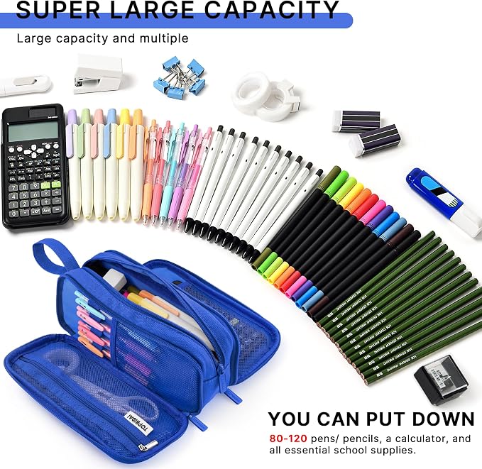 TOPBIDAI Large Pencil Case Pouch for Girls Boy Women Men Adults | Big Capacity Canvas Pencil Bag, Office School Supplies, Multi Compartment Zipper Stationery Pen Box (Dark Blue)