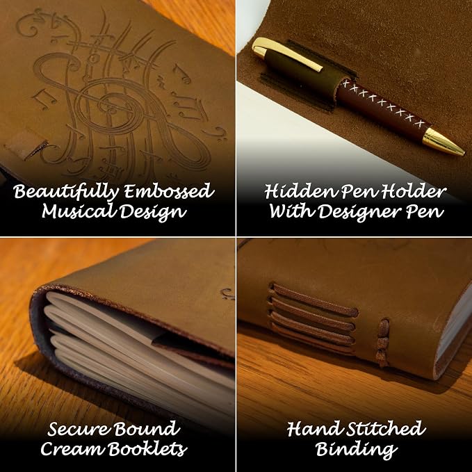 Sovereign-Gear Leather Journal Gift Set – Embossed Music Notes Design - Handmade Buffalo Leather Notebook with Pen & Bookmark - Vintage 8x6” Unlined Writing Journal for Men & Women in Premium Gift Box
