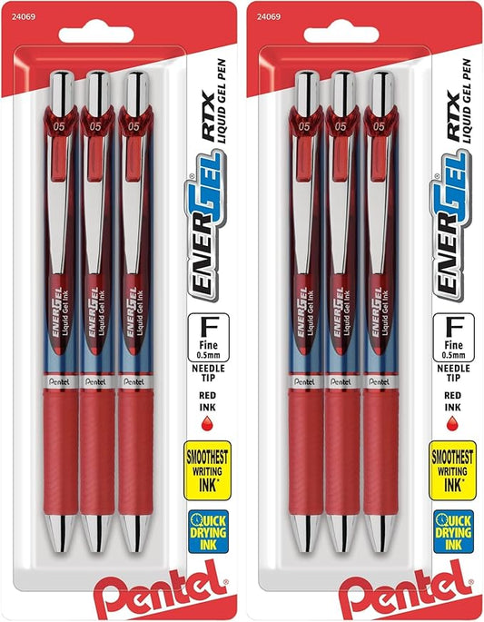 Pentel® EnerGel® RTX Retractable Liquid Gel Pens, Fine Point, 0.5mm, 54% Recycled, Assorted Barrel Colors, Red Ink, Pack Of 6 Pans
