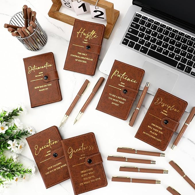 Tenceur 10 Sets Inspirational Gifts Bulk Leather Notebooks Pens with Growth Motivational Quotes for Employee Students Prizes Back to School Encouragement Appreciation Gifts (Brown)